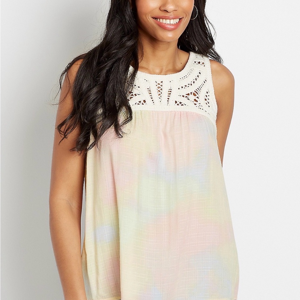 Maurices Pastel Plaid Sleeveless Blouse Crochet Neck Large NWT
